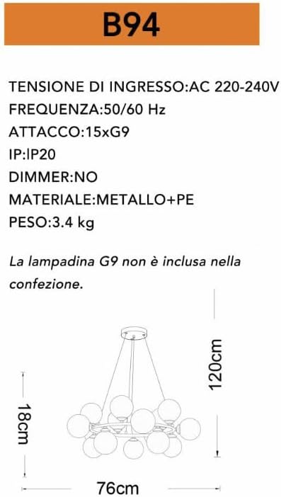 Lampadario a sospensione in metallo bronzo con 15 sfere sfera bianca attacco g9 B94