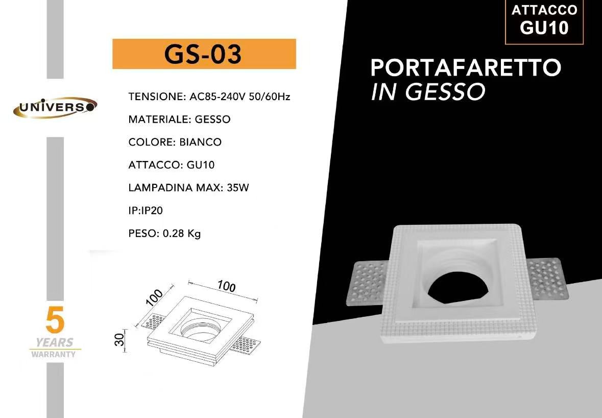 Portafaretto da Incasso in Gesso GU10 – Faretto Quadrato Verniciabile, Compatibile Lampadine LED GU10 fino a 35W, IP20, Bianco per Cartongesso GS-03