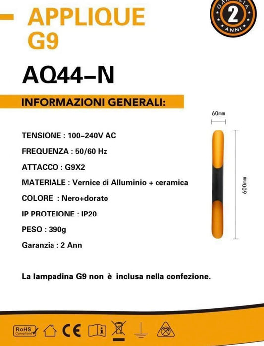 TEKHOME Applique da Muro G9 Moderna 1XG9 Nero e Oro | Lampada da Parete in Alluminio e Ceramica | Illuminazione Interna per Soggiorno, Camera da Letto, Corridoio AQ44-N