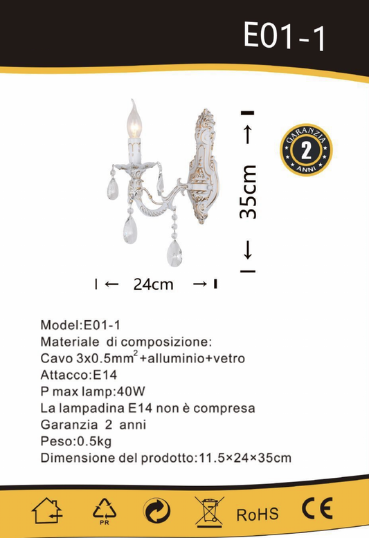 TEKHOME Applique da Parete Moderna a 1 Luce con Braccio Regolabile e Paralume in Vetro, Design Elegante in Oro e Bianco, Attacco E14 40W, per Interni, 24cm, (Senza Lampadina) E01-1