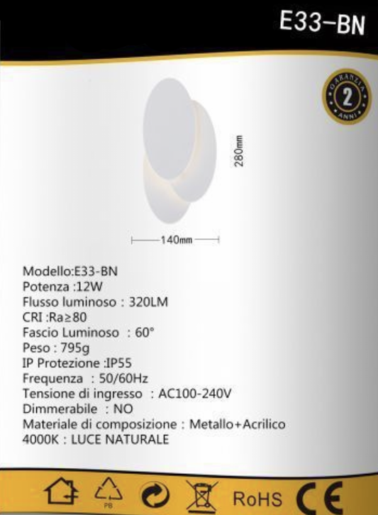 TEKHOME Applique da Parete LED Artistica 12W, Lampada da Muro Design Ovale Decorativo, 3 Colori 3000K-6500K, 320LM, in Metallo e Acrilico, IP55, per Soggiorno, Camera da Letto e Corridoio E33