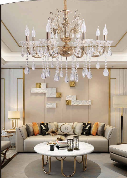 TEKHOME Lampadario Sospeso a 8 Luci Stile Candela con Cristalli, Design Classico, Attacco E14 40W, per Sale da Pranzo, Disponibile in Oro e Cromo (Senza Lampadine) A19