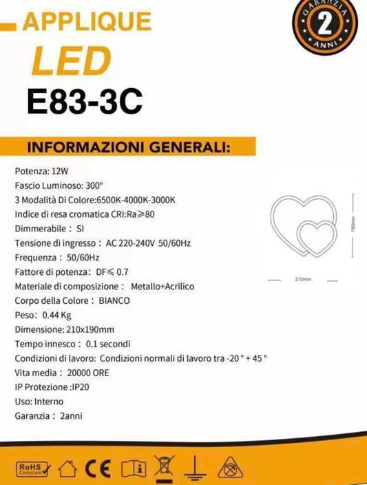 TEKHOME Applique LED Cuore 12W Moderna | 3 Colori Selezionabili 3000K-6500K | Lampada da Parete Bianca in Acrilico e Metallo | Illuminazione da Interno per Camera da Letto, Soggiorno, Corridoio E83