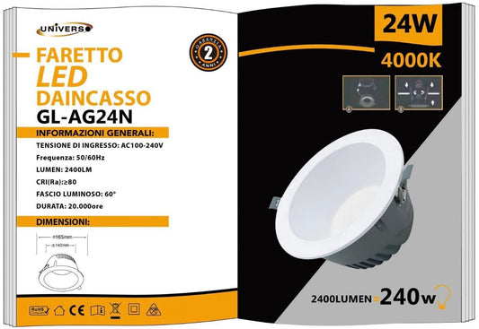 Faretto LED da Incasso 24W 2400LM, Downlight Rotondo da Soffitto, Fascio 60°, CRI ≥80, Foro Ø140 mm, Diametro Ø165 mm, 3000K/4000K/6500K, 1 Pezzo, GL-AG24