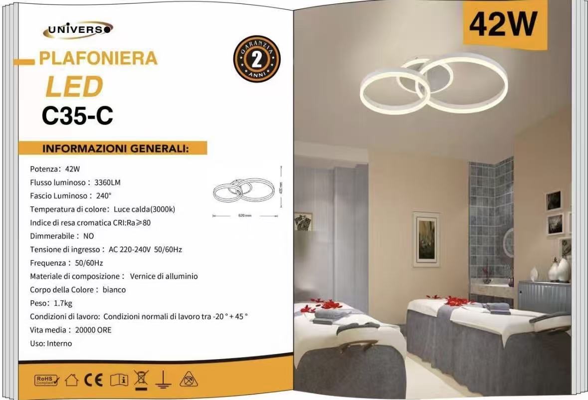 Plafoniera LED Moderna 42W, Lampadario da Soffitto a 3 Anelli in Alluminio, Luce Calda 3000K, Design Elegante, Ø62 cm, Bianco, Ideale per Soggiorno Camera da Letto Cucina C35