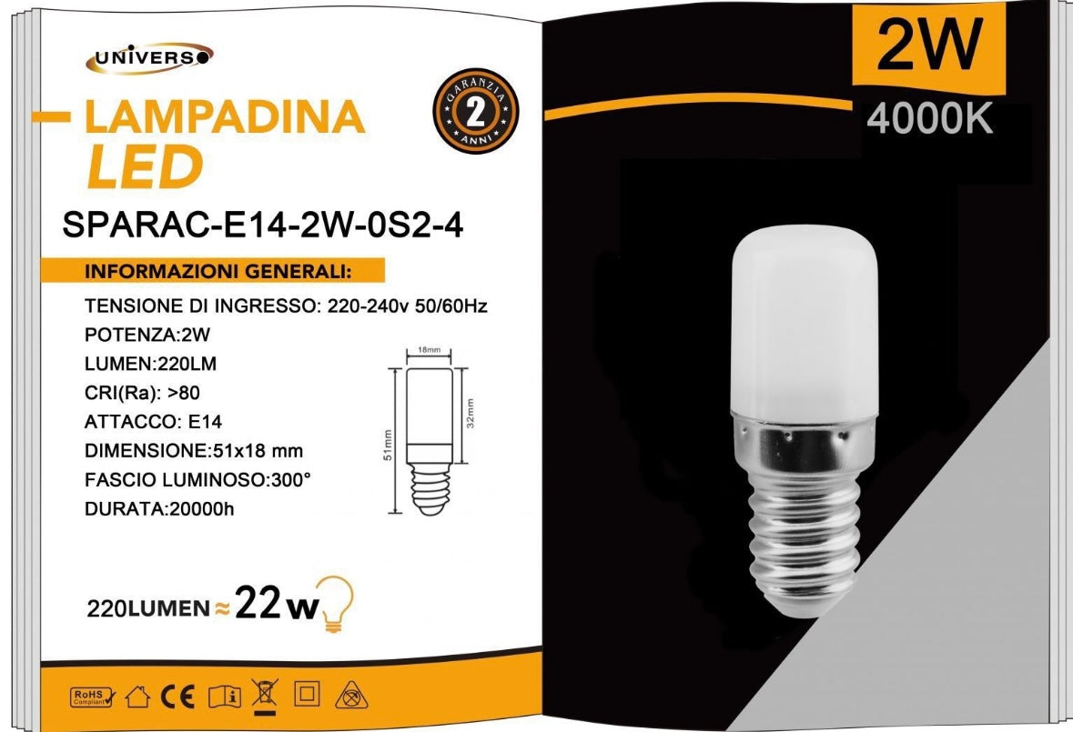 Lampadine LED E14 2W 220LM 4000K, 10 Pezzi, Luce Naturale, Formato Compatto 18x51mm, 220-240V, SPARAC-E14-2W-0S2-4