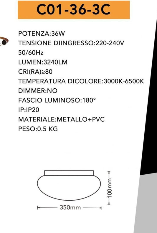 TEKHOME Plafoniera LED 350mm 36W, 3000K-6500K, 3 Colori Selezionabili, Copertura Latte, Luce Soffitto Rotonda per Interni, IP20 C01-36-3C
