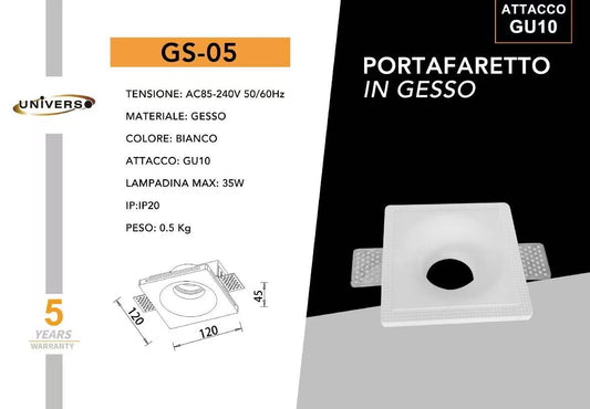 Portafaretto da Incasso in Gesso Quadrato GU10, Verniciabile, per Cartongesso, Max 35W, Bianco, IP20 GS-05