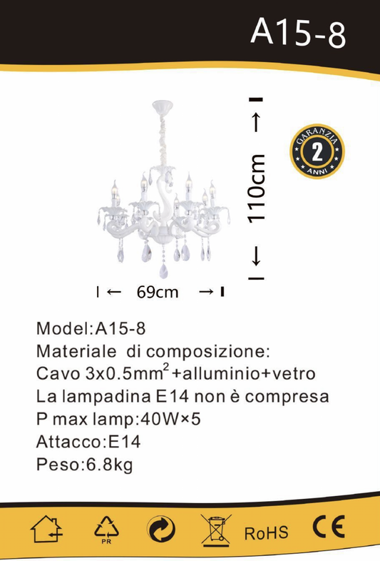 TEKHOME Lampadario Sospeso Moderno a 8 Bracci con Paralumi in Vetro, Design Circolare e Struttura Bianca, Attacco E14 40W, per Sala da Pranzo Soggiorno, 80cm, Bianco (Senza Lampadine) A15-8
