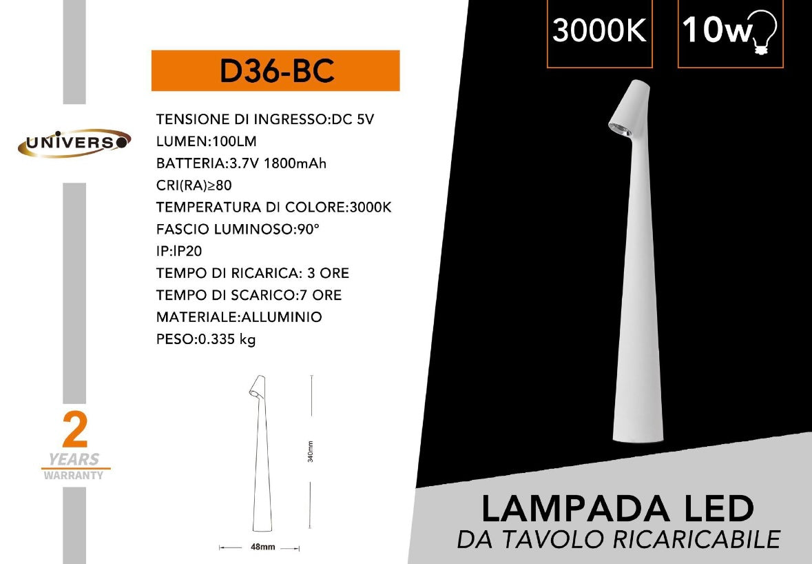 Lampada LED da Tavolo Ricaricabile Senza Fili – 3000K Luce Calda, USB 5V, Batteria 1800mAh, Design Moderno in Alluminio – Nero/Bianco D36