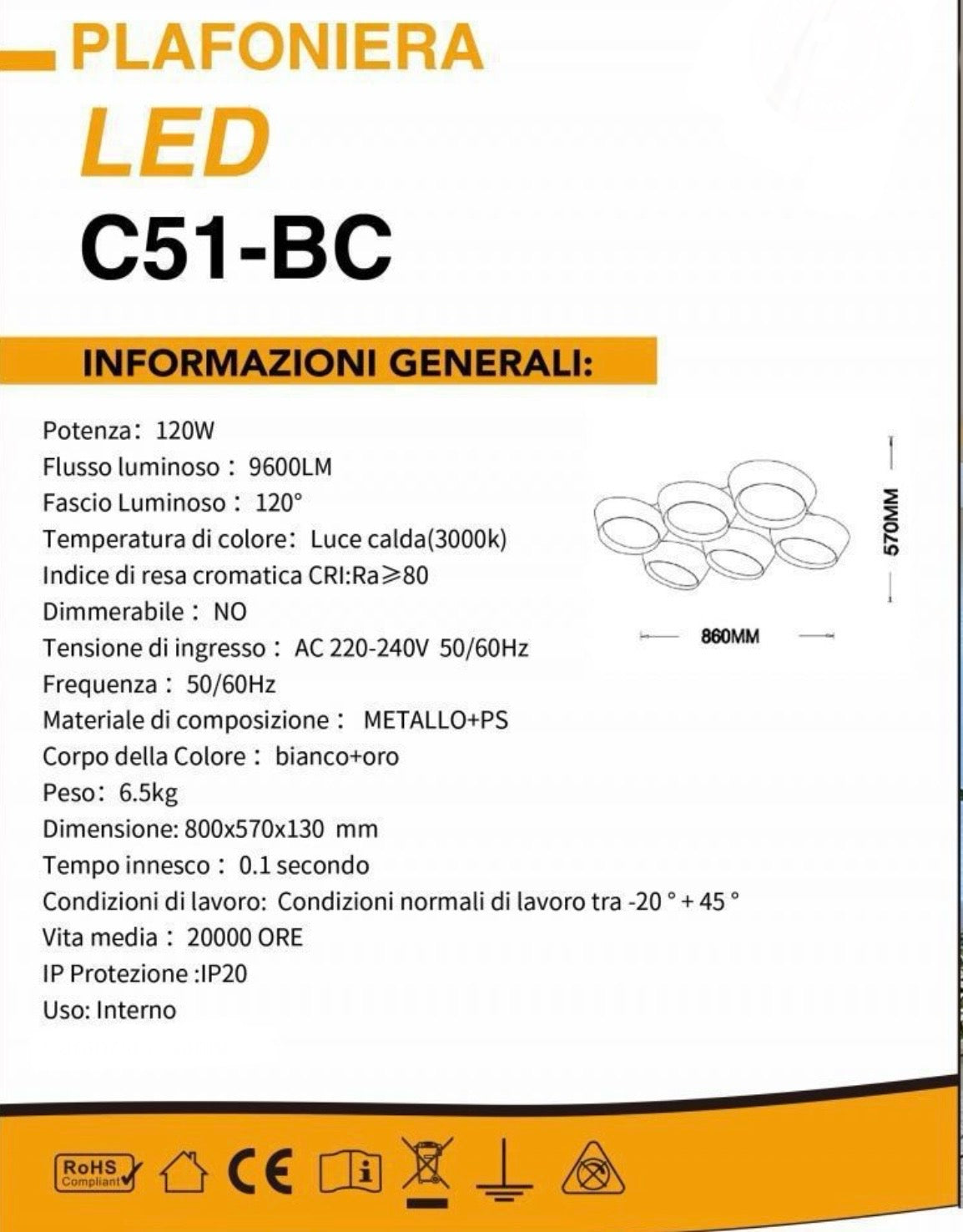 TEKHOME Plafoniera a led 120 watt lampadario da soffitto 6 cerchi irregolari luce 3000K 4000K 6500K C51
