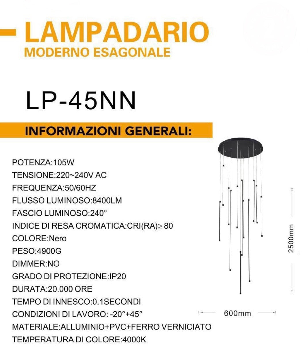 Lampadario Cascata moderno 105w bianco/nero LP-45