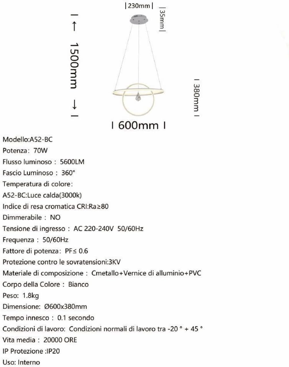 LAMPADARIO DA SOFFITO-70W-3000/4000K A52