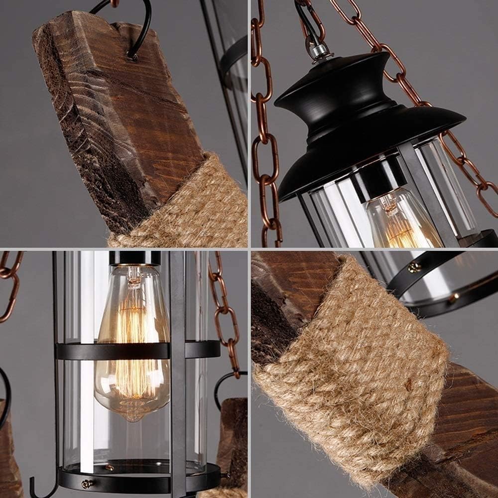 Lampadario a sospensione in legno e corda di canapa con lanterna stile country rustico B51