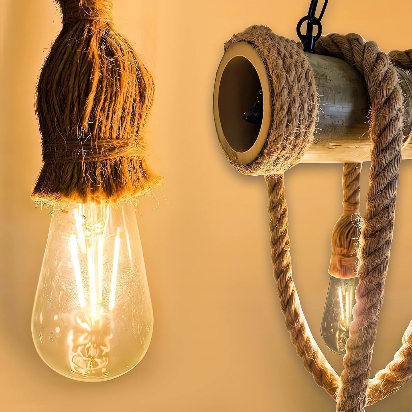 Lampadario Vintage Retro in Corda di Bambù con 6 Teste a Sospensione, Lampadario Corda Canapa Industriale E27 per Cucina Soggiorno Sala da Pranzo Bar Caffè Ristorante Pizzeria Locale B23-6
