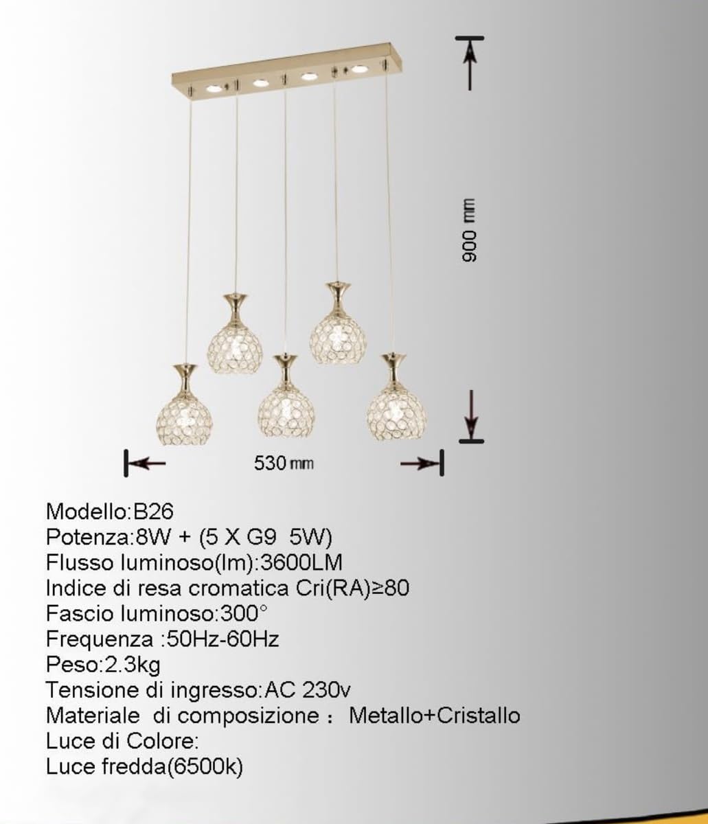 Lampadario led da soffitto a sospensione 35 watt luce fredda 6500k portalampada G9 con sfere con cristalli gocce in acrilico lampada plafoniera sospesa oro o argento B26