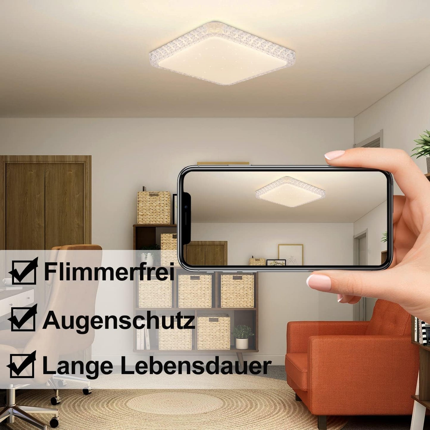 TEKHOME Plafoniera LED da Soffitto 48W Dimmerabile, Forma Quadrata, 3 Colori Selezionabili 3000K-4000K-6500K, Protezione Sovratensione, per Camera Soggiorno Cucina, Bianca C29