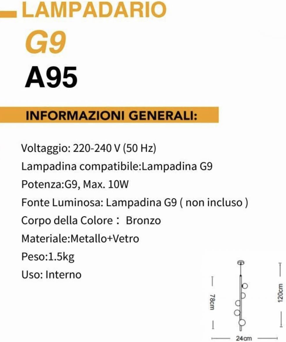 Lampadario a sospensione 5 sfere in vetro attacco G9 moderno bronzo A95