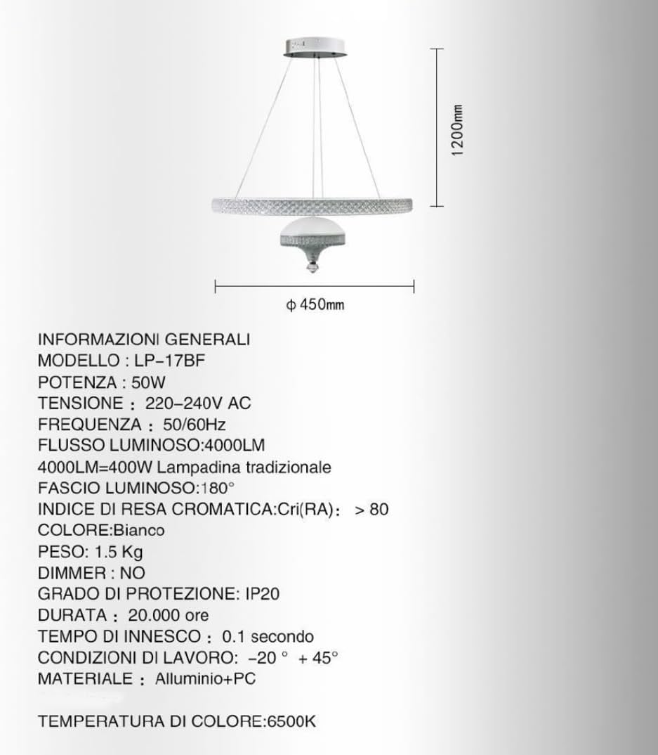 Lampadario LED Moderno 50W, Ø45cm, Bianco, 4000LM, 3000k/4000k/6500K,Soffitto Sospeso in Alluminio per Soggiorno, Cucina, Sala da Pranzo LP-17
