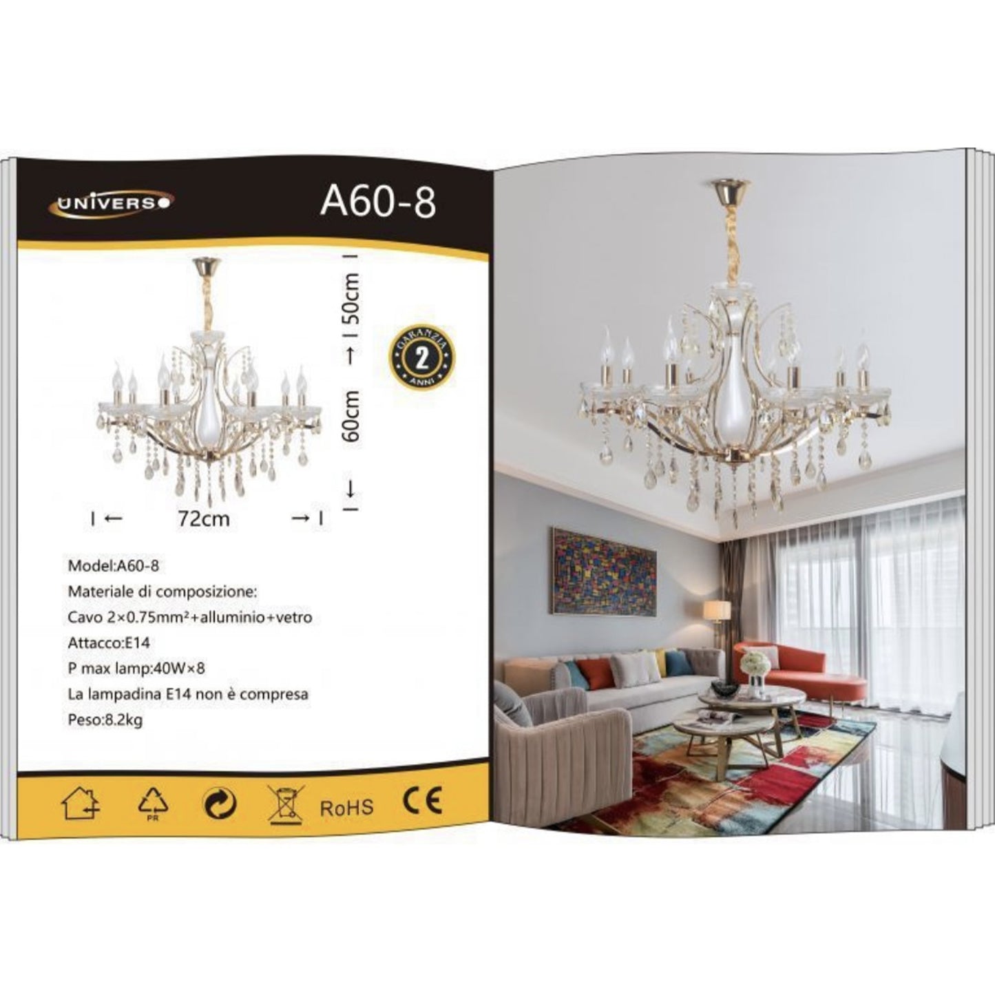 Lampadario Classico in Cristallo 8 Luci E14, Stile Elegante per Soggiorno e Sala da Pranzo, Struttura in Alluminio e Vetro – A60-8