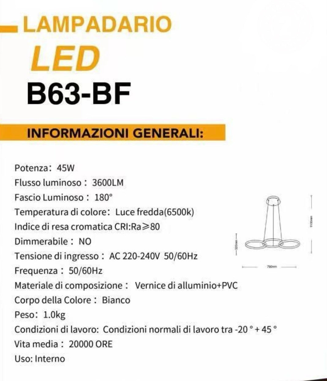 Lampadario a Sospensione LED 3 Cerchi 45watt B63