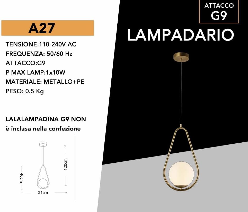 Lampadario a Sospensione Moderna G9, Attacco 1xG9, Design a Goccia in Metallo e PE, Altezza 120cm, Colore Bronzo, per Soggiorno Camera da Letto Cucina - Senza Lampadina A27