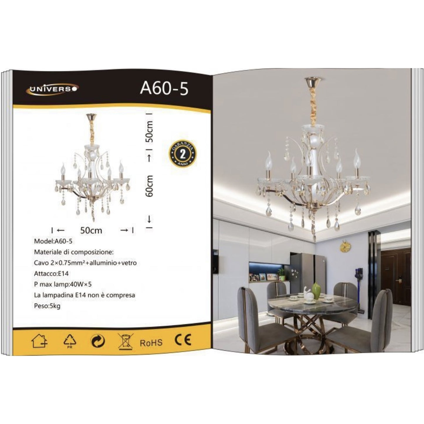 Lampadario in Cristallo Classico 5 Luci E14, Struttura in Metallo e Vetro Trasparente, Stile Elegante per Soggiorno e Sala da Pranzo – A60-5