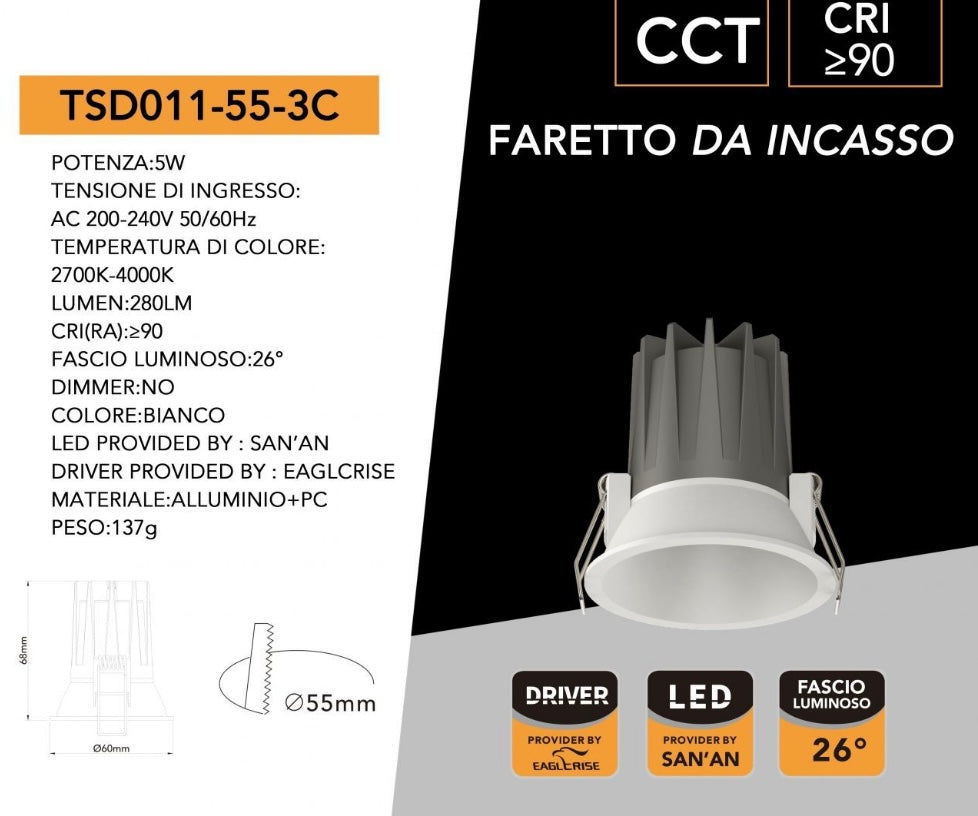 Faretto LED da Incasso COB 5W CCT, Selezione Luce 2700K/4000K/6000K, CRI≥90, Fascio 26°, Foro Ø55 mm, Mini Downlight Rotondo per Controsoffitti, Driver EAGLERISE, LED SAN’AN, TSD011-55-3C