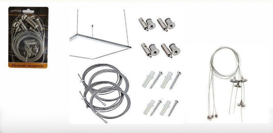 Kit Sospensione per Pannello LED 60x60 cm, 5 Set da 4 Fili in Acciaio 120 cm, Totale 20 Cavi, Accessori per Montaggio a Sospensione Pannelli LED, Viti e Tasselli Inclusi, 5 Pezzi P600-S