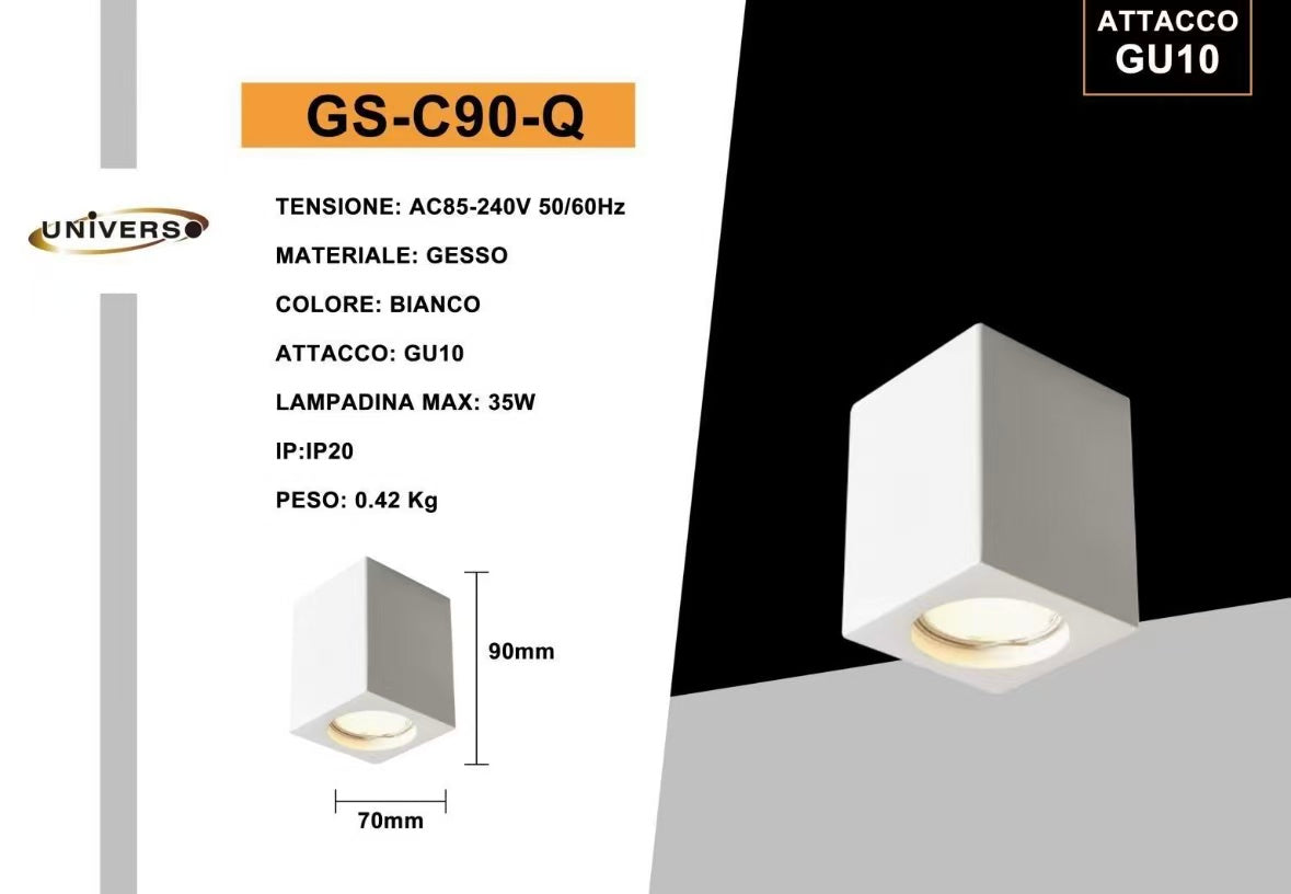 Portafaretto in Gesso da Soffitto GU10, Faretto Quadrato Bianco Verniciabile, Design Moderno, IP20, Senza Lampadina GS-C90-Q