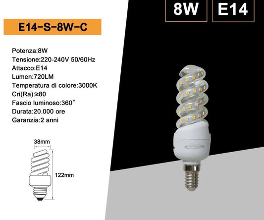 Lampadine LED E14 8W, Confezione da 10 Pezzi, 720LM, 3000K/4000K/6500K, Lampadina LED a Spirale, Luce Calda/Naturale/Fredda, CRI>80, Illuminazione 360°, Risparmio Energetico, Modello E14-S-8W