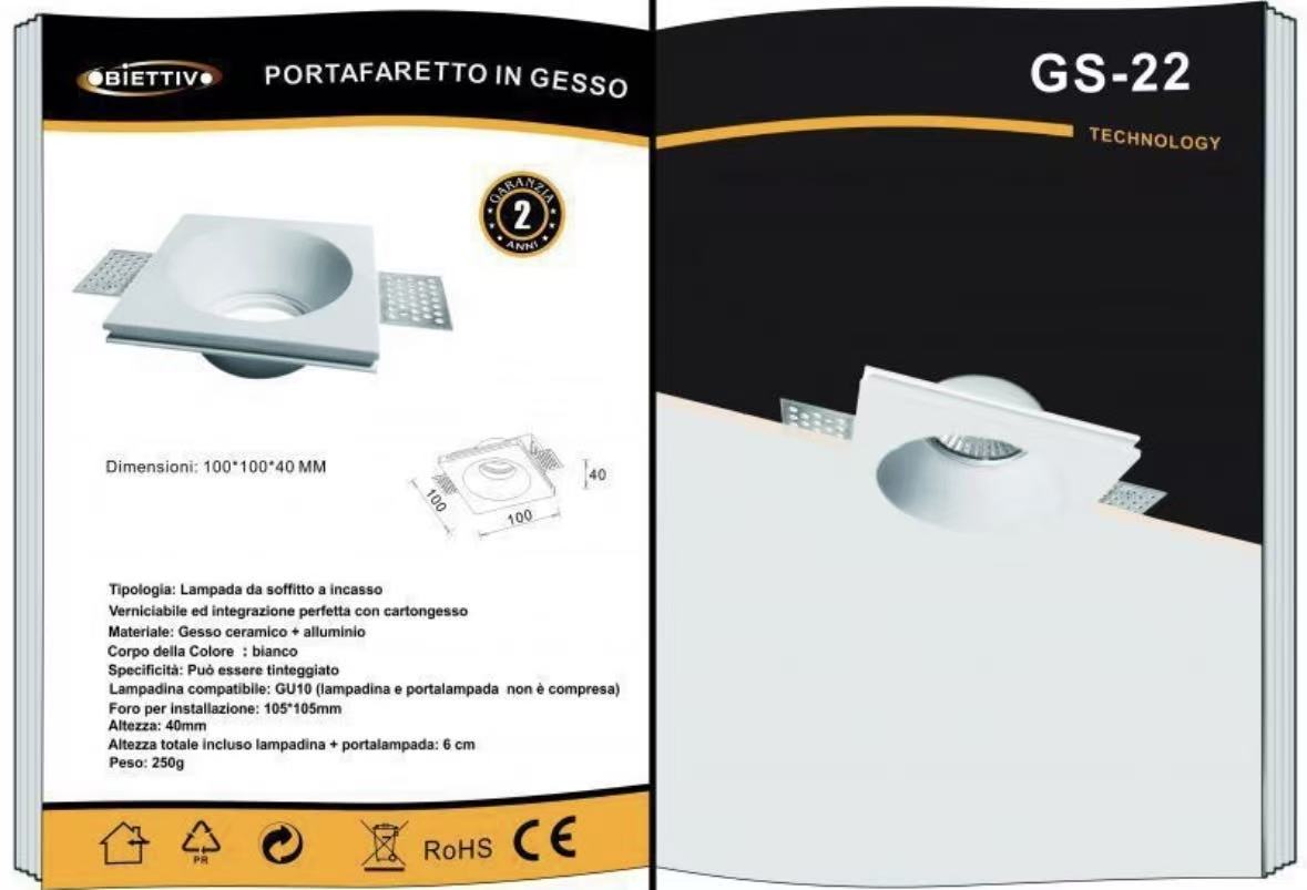 Portafaretto in Gesso da Incasso GU10 Verniciabile – Faretto da Soffitto Quadrato 100×100 mm, Compatibile LED, Per Cartongesso GS-22