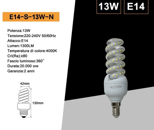 Lampadine LED E14 13W, Confezione da 10 Pezzi, 1300LM, 3000K/4000K/6500K, Lampadina LED a Spirale, Luce Calda/Naturale/Fredda, CRI>80, Illuminazione 360°, Modello E14-S-13W