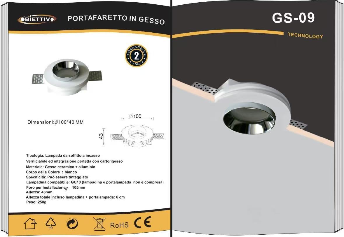 3PZ Portafaretto da Incasso in Gesso Verniciabile per Cartongesso, Attacco GU10, Ø100 mm, Bianco, Design Integrato a Scomparsa GS-09