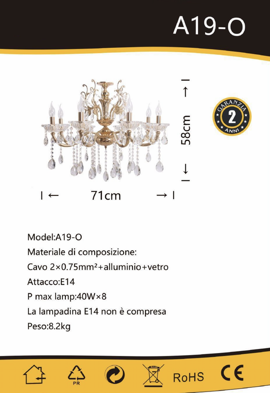 TEKHOME Lampadario Sospeso a 8 Luci Stile Candela con Cristalli, Design Classico, Attacco E14 40W, per Sale da Pranzo, Disponibile in Oro e Cromo (Senza Lampadine) A19