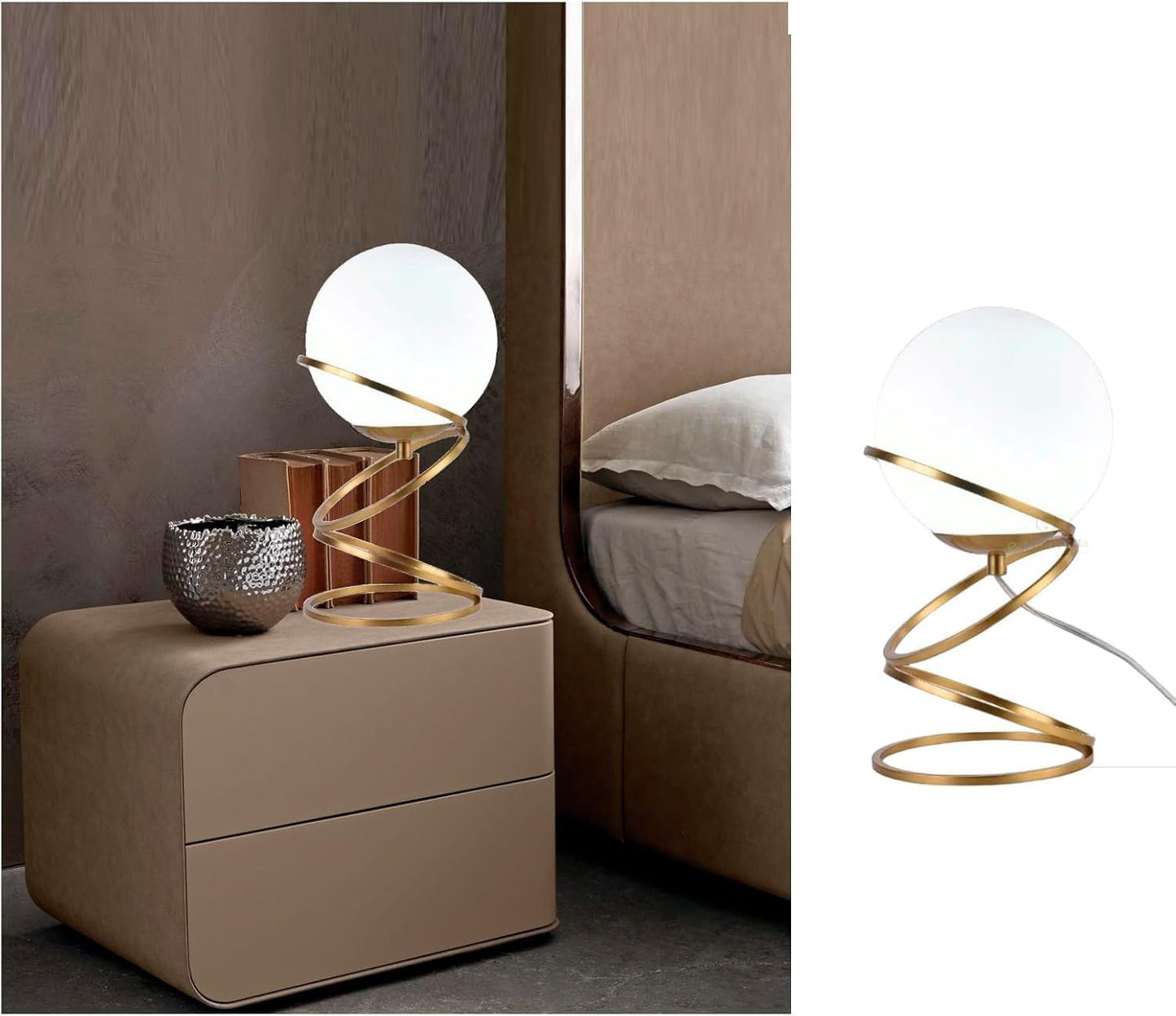 Lampada da tavolo comodino oro con sfera in vetro bianco design moderno lume dorato con cerchi D31