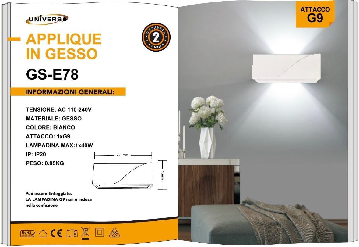 Applique da Parete in Gesso Verniciabile, Attacco G9, Luce Diretta/Indiretta, Lampada da Muro Moderna per Interni – GS-E78