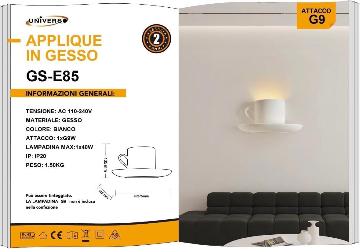 Applique da Parete in Gesso Design Tazza con Piattino, Attacco G9, Verniciabile, Luce Decorativa per Soggiorno e Camera – GS-E85