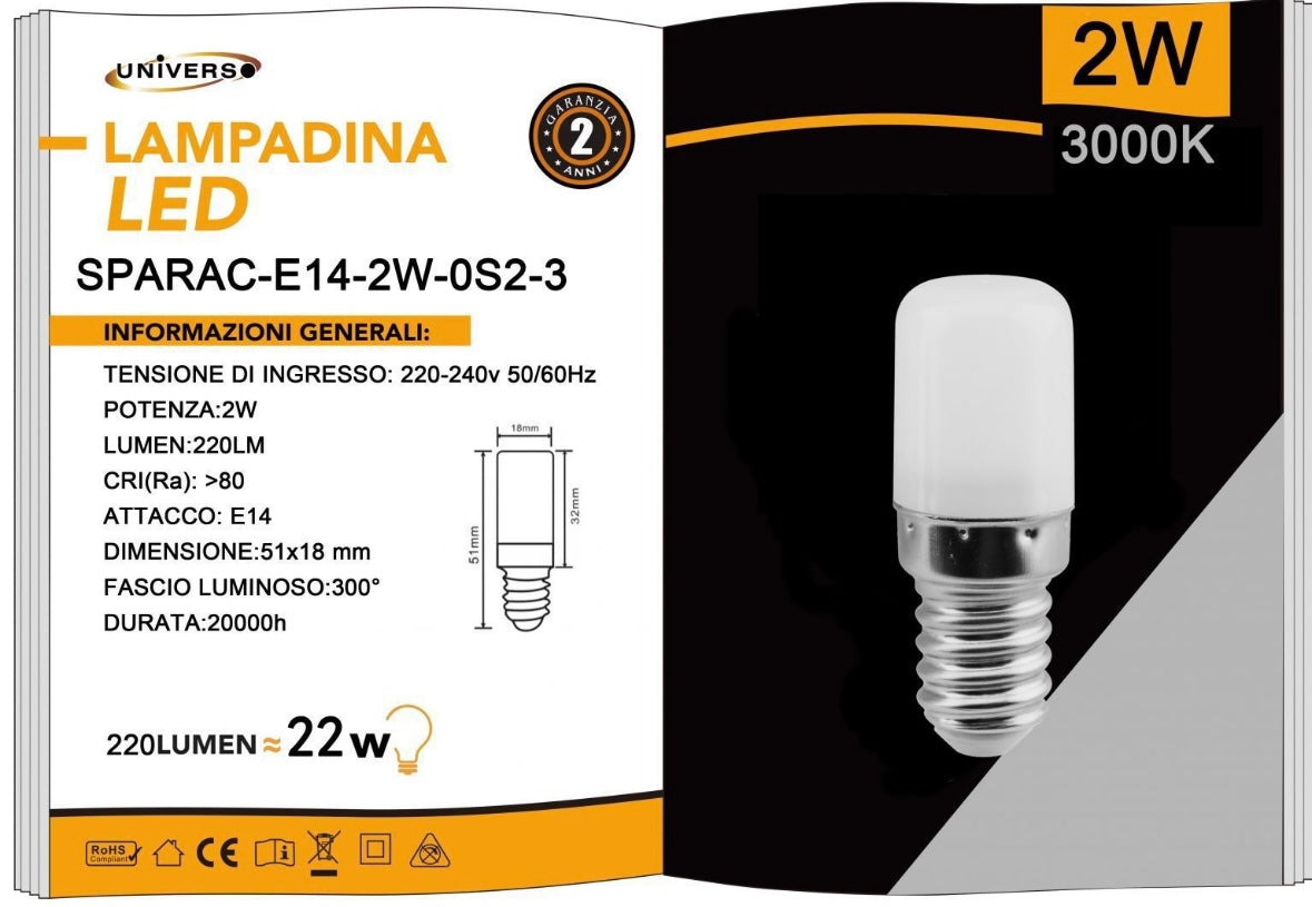 Lampadine LED E14 2W 220LM 3000K, 10 Pezzi, Luce Calda, Formato Compatto 18x51mm, 220-240V, SPARAC-E14-2W-0S2-3