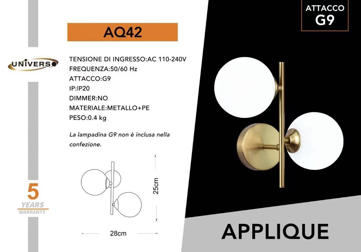 Applique Moderna da Parete in Ottone con 2 Sfere in Vetro, Attacco G9, Design Minimal, Lampada da Parete per Camera da Letto, Soggiorno, Corridoio – IP20 – Senza Lampadina AQ42