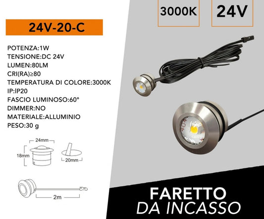 5 Pezzi, Mini Faretti LED da Incasso 24V DC 1W, Foro Ø20 mm, 80 lm, CRI≥80, Fascio 60°, Cavo 2 m, Faretti LED per Mobili, Cucina, Camper, Barca e Vetrine, Modello 24V-20