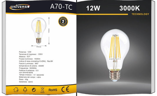 Lampadine LED E27 A70 12W, Confezione da 5 Pezzi, 1500LM, Luce 3000K/4000K/6500K, Vetro Trasparente, Illuminazione a 360°, Basso Consumo Energetico, Non Dimmerabile, Modello A70-T