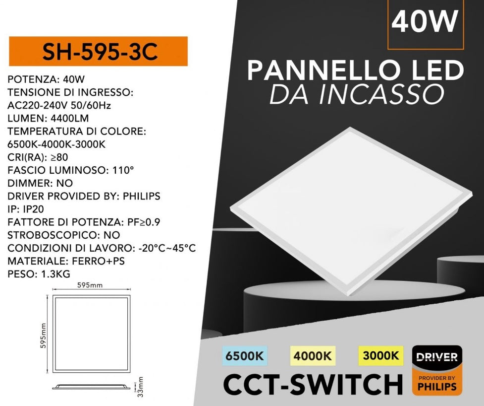 Pannello LED da Incasso 40W 4400LM 60x60 cm, CCT Switch 3000K 4000K 6500K, Plafoniera LED Quadrata, Luce Regolabile 3 Temperature, CRI≥80, IP20, Bianco, 1 Pezzo, SH-595-3C