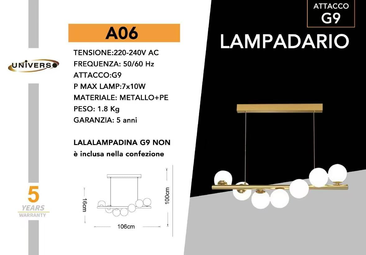 Lampadario Moderno a Sospensione 7 Luci G9, Design in Vetro Bianco e Ottone, Altezza Regolabile, per Soggiorno Cucina Sala da Pranzo Camera da Letto – Senza Lampadine A06