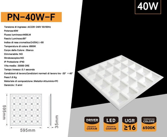 Pannello LED 60x60 40W 4400LM 6500K Luce Fredda, Pannello LED da Incasso 595x595mm, UGR≥16, CRI≥80, IP40, Flicker Free, LED e Driver, 1 Pezzo, PN-40W-F