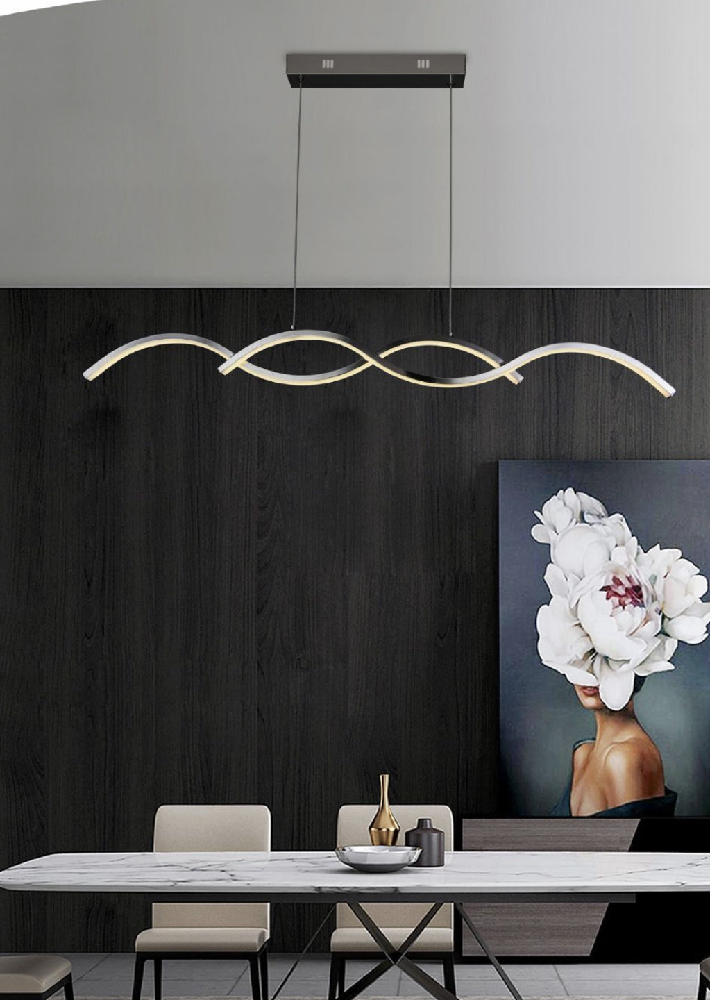 Lampadario LED Moderno a Sospensione, 25W 2000LM, Luce 3 COLORE 3000K,4000K,6500K, Design Ondulato Argento, in Alluminio e PVC, 920mm, Altezza Regolabile, per Sala da Pranzo Soggiorno Cucina A43
