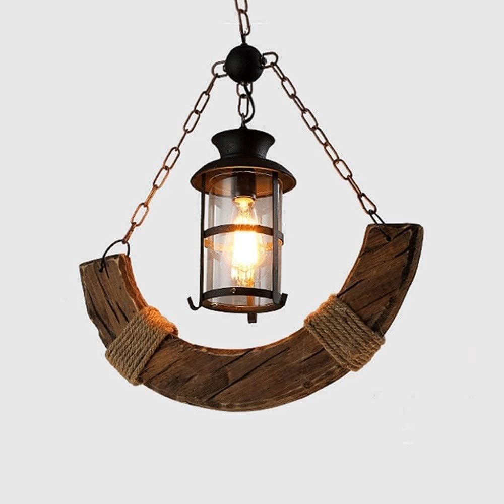 Lampadario a sospensione in legno e corda di canapa con lanterna stile country rustico B51