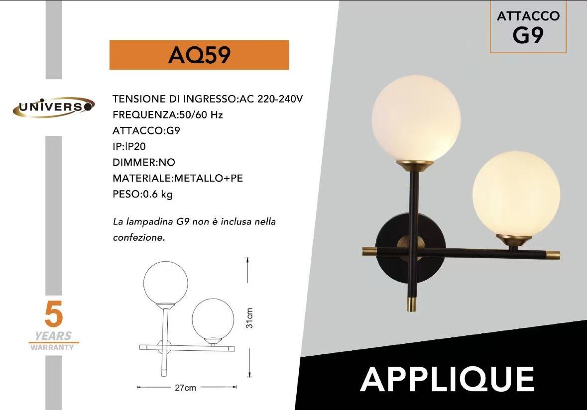 Applique da Parete Moderna a 2 Luci con Attacco G9, Lampada da Parete Interni in Metallo e Vetro Opalino, Design Nero e Ottone, Ideale per Camera da Letto, Corridoio, Soggiorno (Lampadine Non Incluse) AQ59