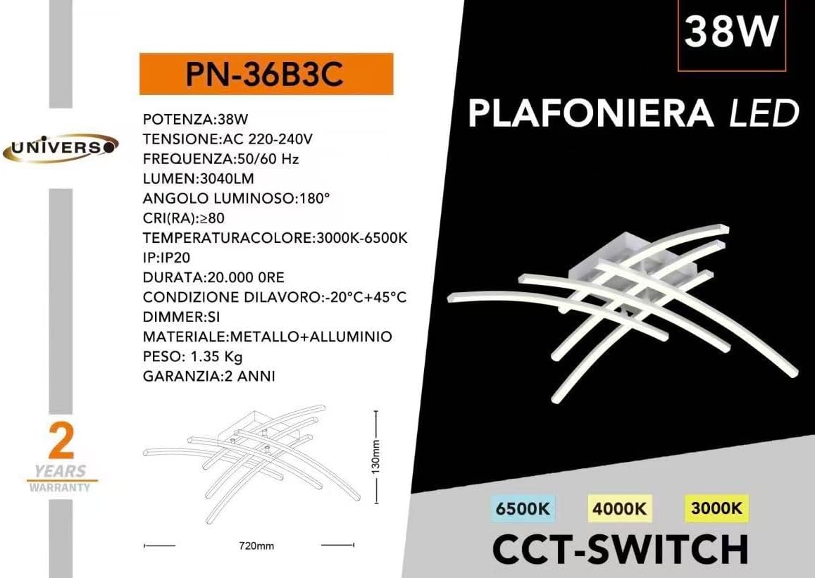 Plafoniera LED Moderna 38W Dimmerabile, Luce CCT 3000K-4000K-6500K, Lampada da Soffitto per Soggiorno Camera Cucina, Metallo Alluminio – PN-36B3C