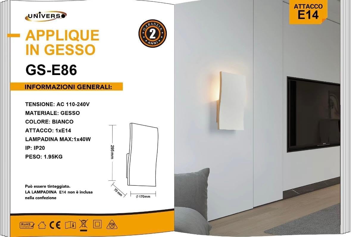Applique da Parete in Gesso Bianco E14 Design Moderno Verniciabile per Interni GS-E86